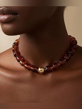 Handcrafted Amber-Tone Bead Necklace with Gold Accents - Women Jewelry